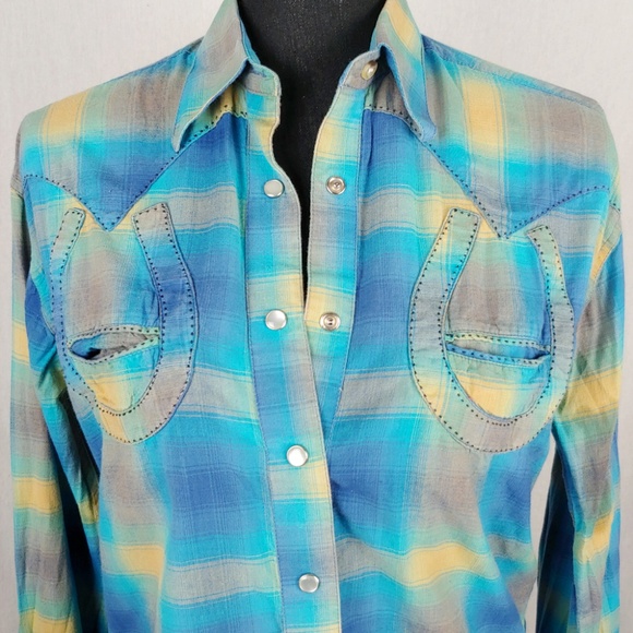 Rockmount Ranch Tops - Rockmount Ranch Wear Blue Plaid with Horseshoe
